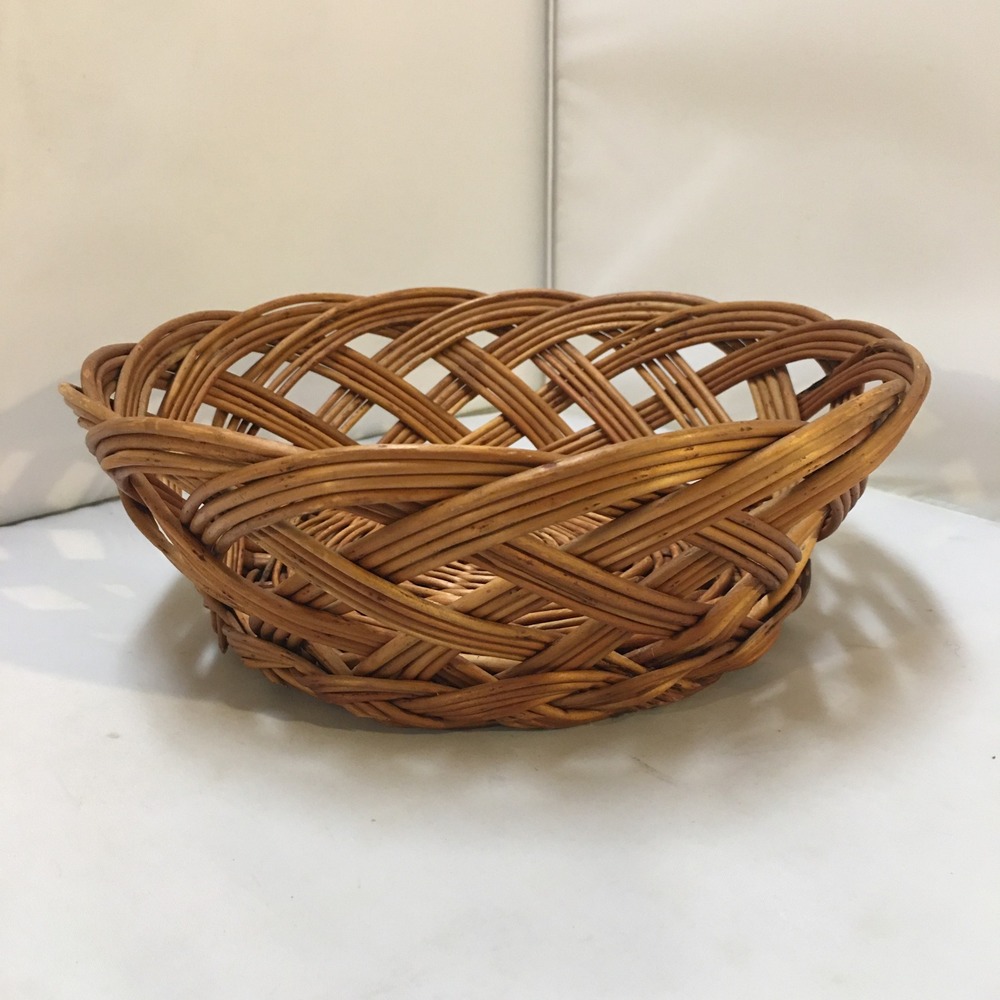 Wicker Basket Home Decor OS Brown Lattice Open Weave Round Fruit Bowl Rustic